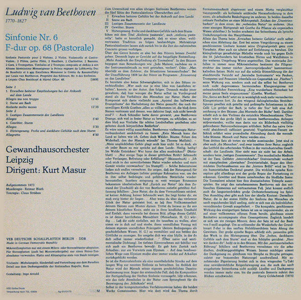 Ludwig van Beethoven - Gewandhausorchester Leipzig, Kurt Masur : Sinfonie Nr.6 In F-Dur Op.68 (Pastorale) (LP, Bla)