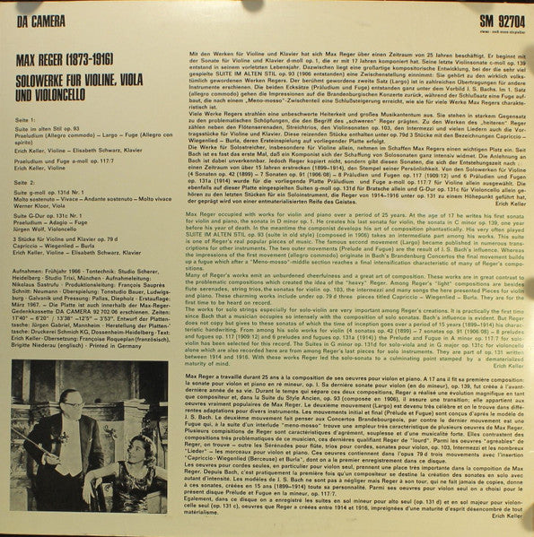 Max Reger – Erich Keller (2), Werner Kloor, Jürgen Wolf, Elisabeth Schwarz : Suite Im Alten Stil / Solowerke Für Violine, Bratsche Und Violoncello (LP)