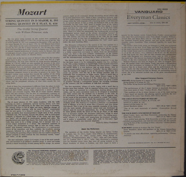 Wolfgang Amadeus Mozart, The Griller String Quartet With William Primrose : Quintets  Quintet In E Flat Major, K. 614 / Quintet In D Major, K. 593 (LP, RP)