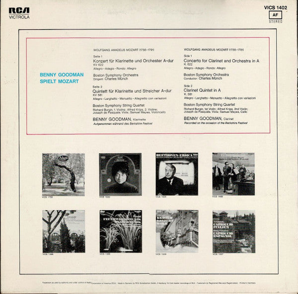 Wolfgang Amadeus Mozart, Benny Goodman, Charles Munch, Boston Symphony Orchestra And Boston Symphony String Quartet : Klarinettenkonzert / Klarinettenquintett (LP, RE)