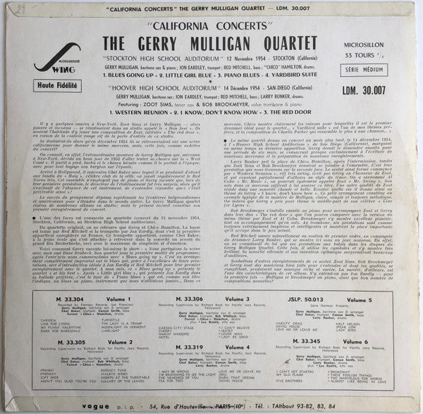 Gerry Mulligan : California Concerts (LP, Album, Mono)