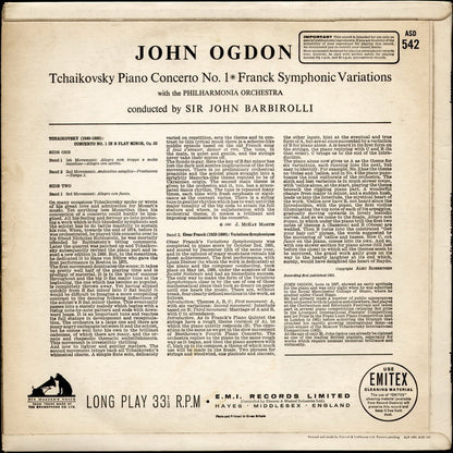 Pyotr Ilyich Tchaikovsky / César Franck - John Ogdon With Philharmonia Orchestra Conducted By Sir John Barbirolli : Piano Concerto No. 1 / Symphonic Variations (LP, RP)