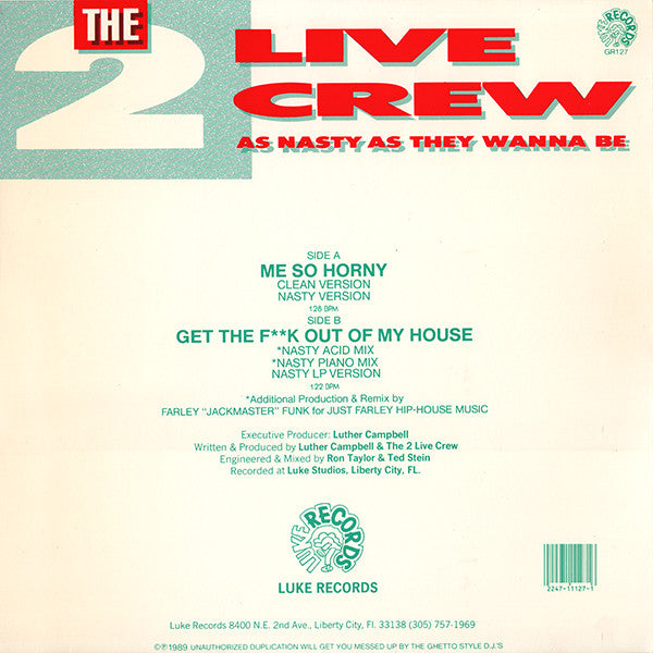 The 2 Live Crew : Me So Horny (12", RE)