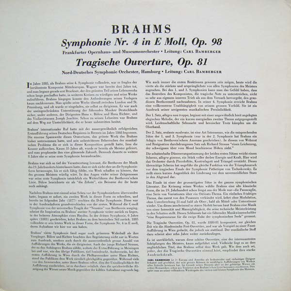 Johannes Brahms - Frankfurter Opern- Und Museumsorchester, Das Norddeutsche Symphonieorchester Leitung Carl Bamberger : Symphonie Nr. 4 • Tragische Ouverture (LP, Album)