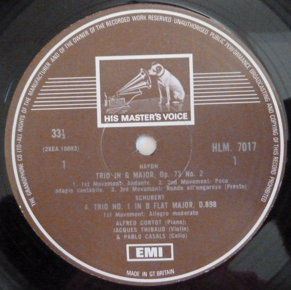 Alfred Cortot / Jacques Thibaud / Pablo Casals - Franz Schubert / Joseph Haydn : Trio In B Flat D.898 / 'Gypsy' Trio (LP, Mono, RE)