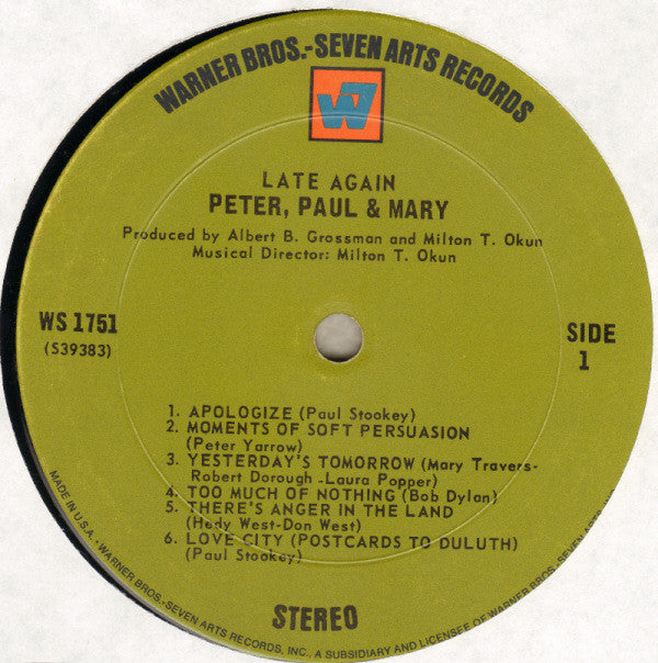 Peter, Paul & Mary : Late Again (LP, Album, Ter)