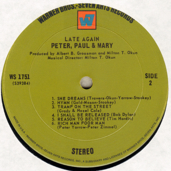 Peter, Paul & Mary : Late Again (LP, Album, Ter)