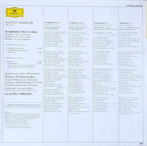 Gustav Mahler - Wiener Philharmoniker, Frederica von Stade, Claudio Abbado : Symphonie Nr. 4 (LP)