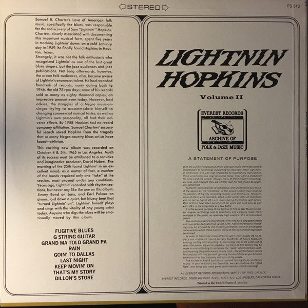 Lightnin' Hopkins : Volume II (LP, Album, RE)