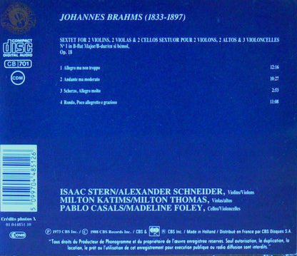 Pablo Casals, Isaac Stern, Alexander Schneider, Milton Katims, Milton Thomas, Madeline Foley, Johannes Brahms : Sextet No. 1 = Sextuor No. 1 (CD, Mono, RE)