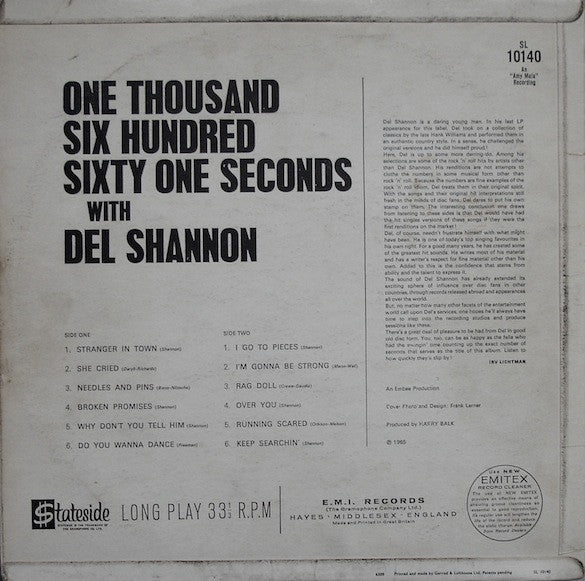 Del Shannon : One Thousand Six Hundred Sixty One Seconds With Del Shannon (LP, Album, Mono)