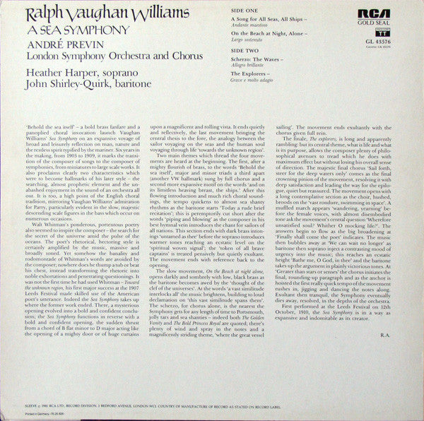 Ralph Vaughan Williams, André Previn, London Symphony Orchestra And London Symphony Chorus : A Sea Symphony (LP, RE)