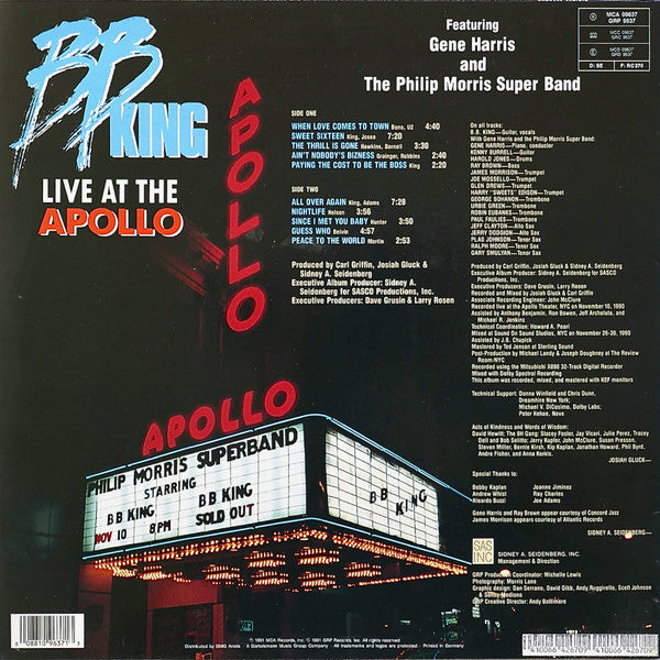 B.B. King Featuring Gene Harris And The Philip Morris Superband : Live At The Apollo (LP, Album)