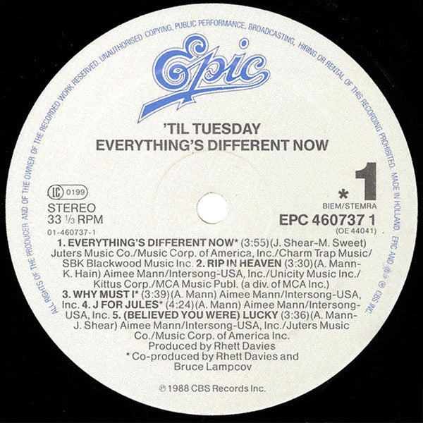 'Til Tuesday : Everything's Different Now (LP, Album)