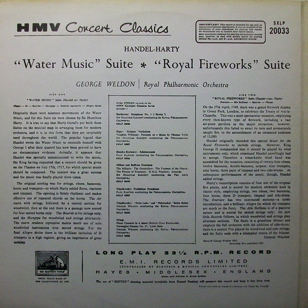 Georg Friedrich Händel - George Weldon / Royal Philharmonic Orchestra : Water Music Suite / Royal Fireworks Suite (LP, RE)