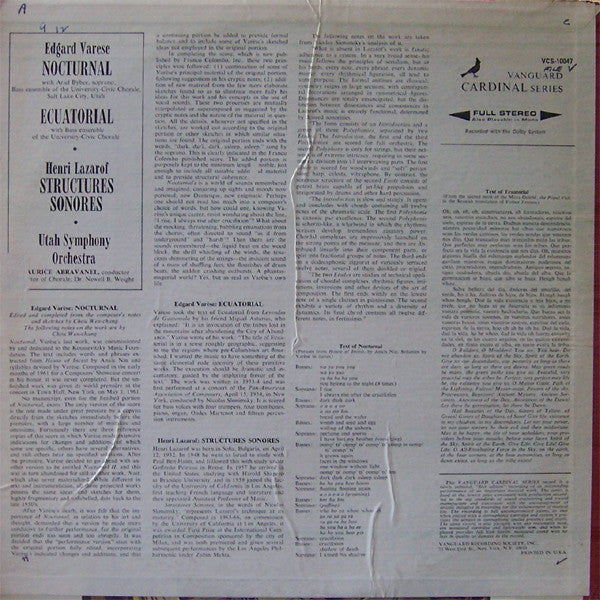 Edgard Varèse / Henri Lazarof - Utah Symphony Orchestra / Maurice Abravanel, Ariel Bybee / Bass Ensemble Of The University Of Utah Civic Chorale ; Newell Weight : Nocturnal / Ecuatorial / Structures Sonores (LP, Album)