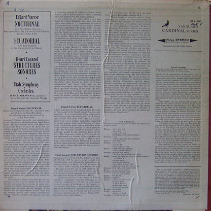 Edgard Varèse / Henri Lazarof - Utah Symphony Orchestra / Maurice Abravanel, Ariel Bybee / Bass Ensemble Of The University Of Utah Civic Chorale ; Newell Weight : Nocturnal / Ecuatorial / Structures Sonores (LP, Album)