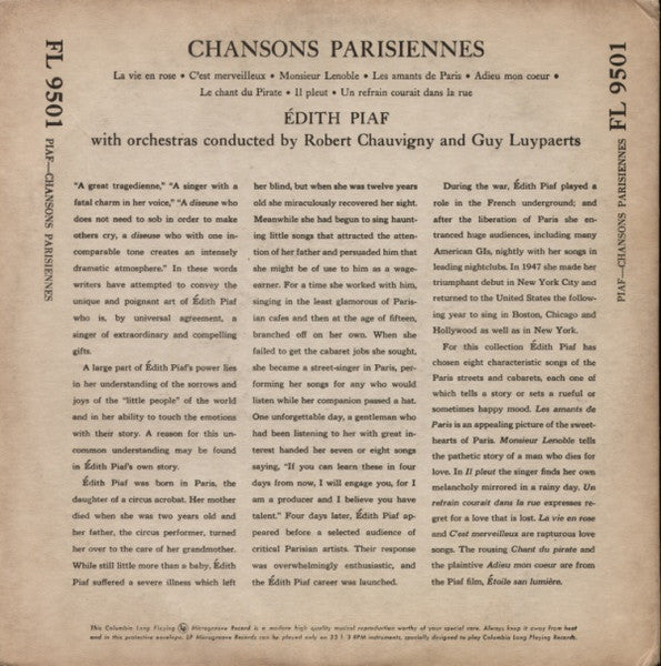 Edith Piaf : Chansons Parisiennes (10", Album, Mono)