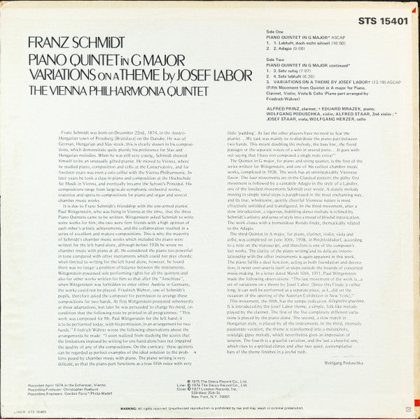 Franz Schmidt, The Vienna Philharmonia Quintet : Piano Quintet In G Major / Variations On A Theme By Josef Labor (LP)