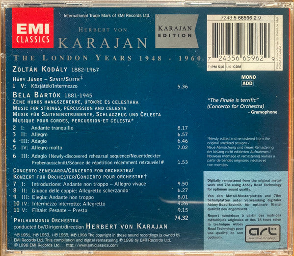 Béla Bartók, Zoltán Kodály, Herbert von Karajan, Philharmonia Orchestra : Bartók / Concerto For Orchestra, Music For Strings, Percussion And Celesta • Kodály / Háry János - Intermezzo  (CD, Comp, Mono, RM)