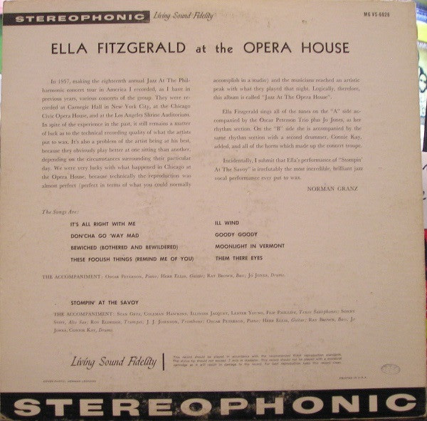 Ella Fitzgerald : Ella Fitzgerald At The Opera House (LP, Album)