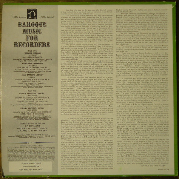 Concentus Musicus Of Denmark Under The Direction Of Irmgard Knopf Mathiesen And Aksel H. Mathiesen : Baroque Music For Recorders (LP, RE)