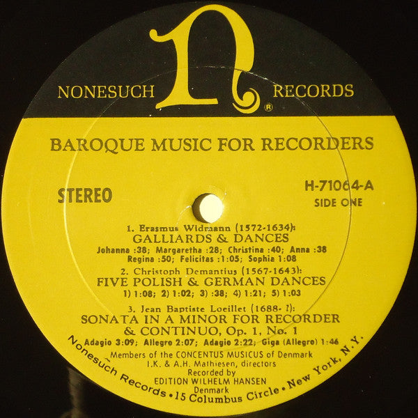 Concentus Musicus Of Denmark Under The Direction Of Irmgard Knopf Mathiesen And Aksel H. Mathiesen : Baroque Music For Recorders (LP, RE)