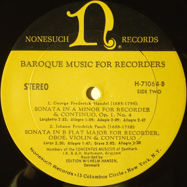 Concentus Musicus Of Denmark Under The Direction Of Irmgard Knopf Mathiesen And Aksel H. Mathiesen : Baroque Music For Recorders (LP, RE)