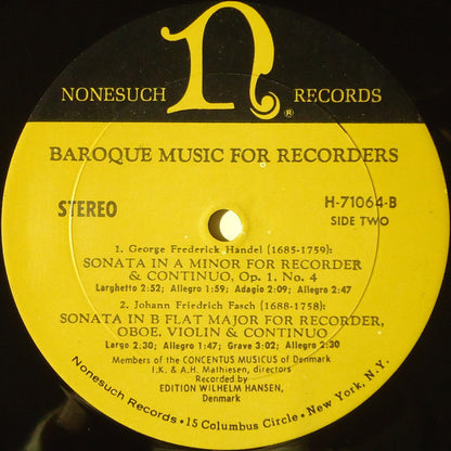 Concentus Musicus Of Denmark Under The Direction Of Irmgard Knopf Mathiesen And Aksel H. Mathiesen : Baroque Music For Recorders (LP, RE)