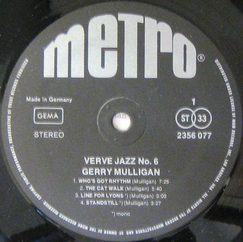 Gerry Mulligan With Ben Webster, Stan Getz, Paul Desmond & Johnny Hodges : Verve Jazz No. 6 (LP, Comp)