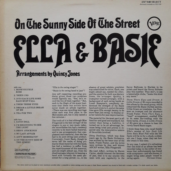 Ella Fitzgerald & Count Basie : On The Sunny Side Of The Street (LP, Album, RE)