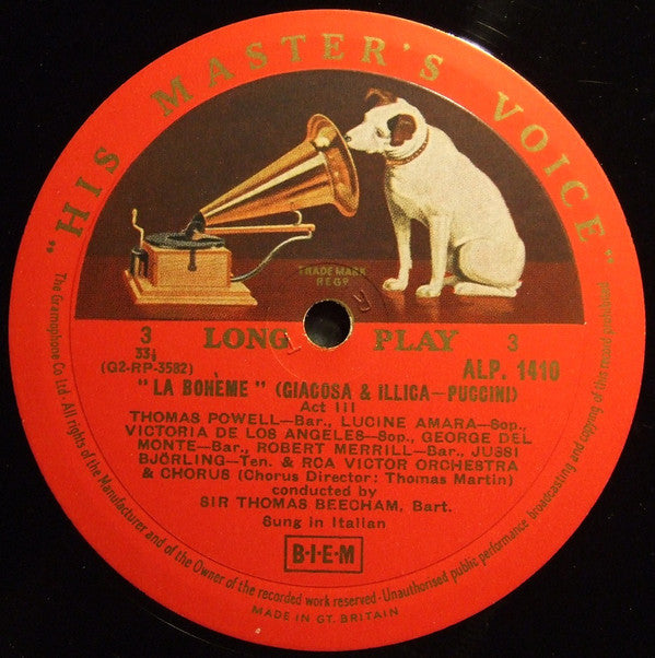 Giacomo Puccini - Victoria De Los Angeles, Jussi Björling, Sir Thomas Beecham : La Bohème (2xLP, Album, Mono)