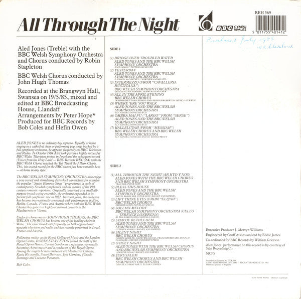 Aled Jones, BBC Welsh Symphony Orchestra, BBC Welsh Chorus, John Hugh Thomas Conducted By Robin Stapleton : All Through The Night (LP, Album)