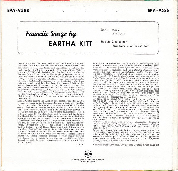 Eartha Kitt : Favorite Songs By Eartha Kitt (7", EP, S5)