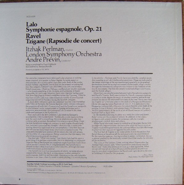 Édouard Lalo / Maurice Ravel - Itzhak Perlman, André Previn, London Symphony Orchestra : Symphonie Espagnole / Tzigane (LP, RE)