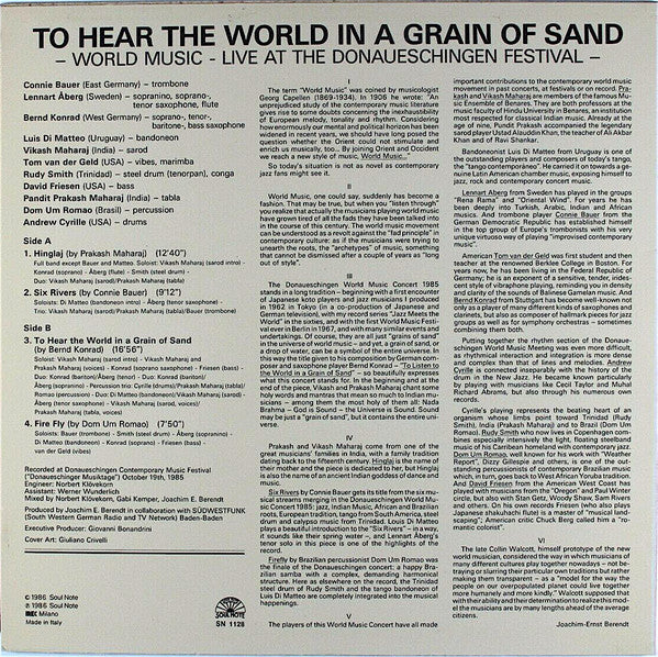 Andrew Cyrille - Dom Um Romao - Prakash Maharaj - Conrad Bauer - Lennart Åberg - Bernd Konrad - Luis Di Matteo - Vikash Maharaj - Tom van der Geld - Rudy Smith - David Friesen : To Hear The World In A Grain Of Sand (World Music - Live At The Donaueschingen Festival) (LP, Album)