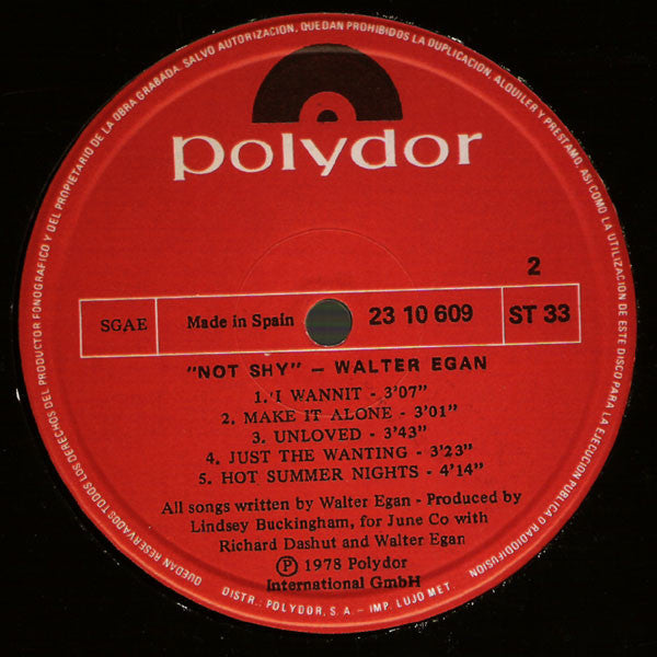 Walter Egan : Not Shy (LP, Album)