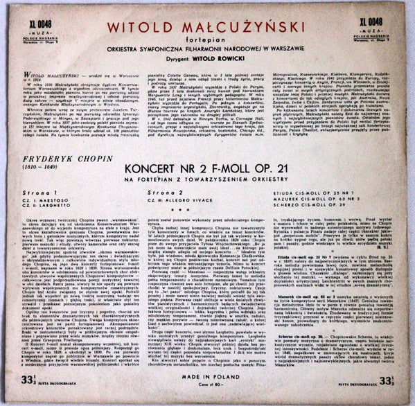 Frédéric Chopin, Witold Malcuzynsky, Orkiestra Symfoniczna Filharmonii Narodowej, Witold Rowicki : Koncert No 2 F-moll Op. 21 / Etiuda Cis-moll Op. 25 No 7 / Mazurek Cis-moll Op. 63 No 3 / Scherzo Cis-moll Op. 39 (LP, Album, Mono, Bla)