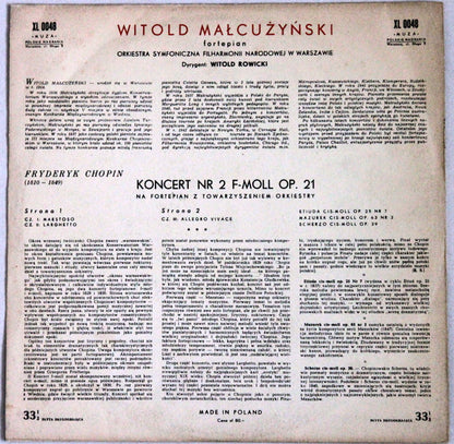 Frédéric Chopin, Witold Malcuzynsky, Orkiestra Symfoniczna Filharmonii Narodowej, Witold Rowicki : Koncert No 2 F-moll Op. 21 / Etiuda Cis-moll Op. 25 No 7 / Mazurek Cis-moll Op. 63 No 3 / Scherzo Cis-moll Op. 39 (LP, Album, Mono, Bla)