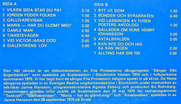 Fria Proteatern : Sånger Från Ljugarbänken (LP, Album)