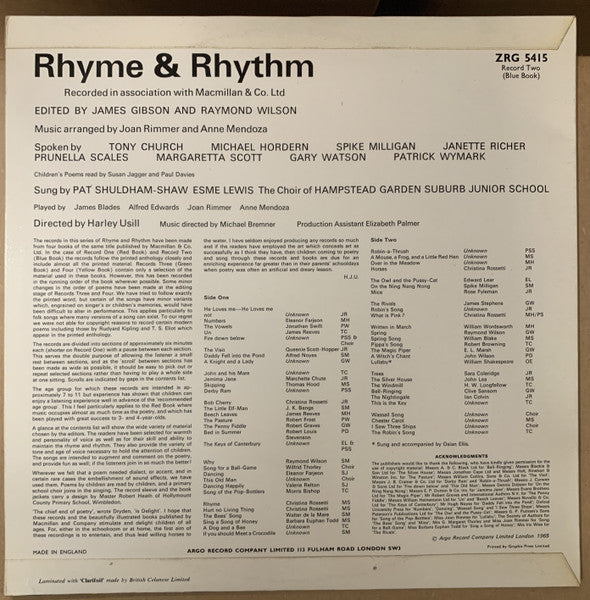Various : Rhyme & Rhythm: Poems And Songs For Children: Record 2 - Blue Book (LP)