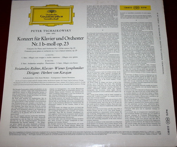 Pyotr Ilyich Tchaikovsky - Sviatoslav Richter, Herbert Von Karajan, Wiener Symphoniker : Konzert Für Klavier Und Orchester Nr. 1 B-Moll (LP, RE)