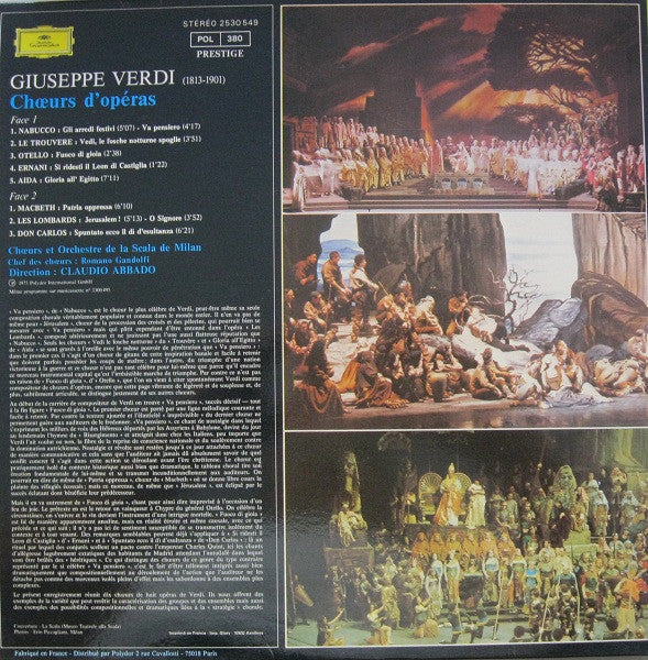 Giuseppe Verdi, Coro Del Teatro Alla Scala Et Orchestra Del Teatro Alla Scala, Claudio Abbado : Chœurs D'Opéras (LP, RE, Gat)