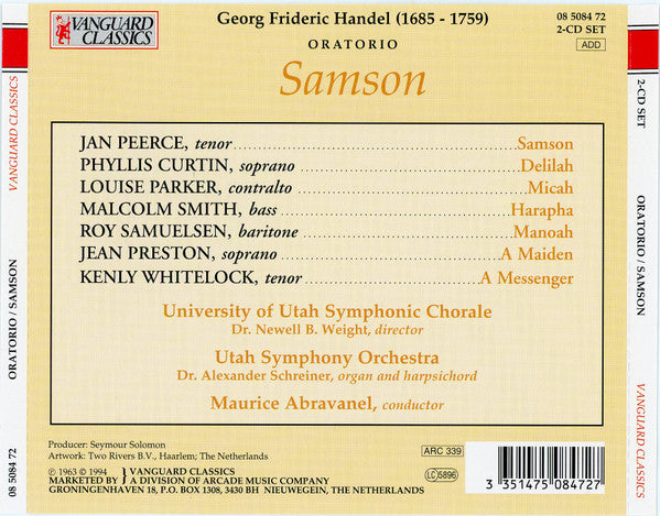 Georg Friedrich Händel - Jan Peerce, Phyllis Curtin, Louise Parker, Malcolm Smith (10), Jean Preston, Utah Symphony Orchestra, Maurice Abravanel : Samson (2xCD, Album)