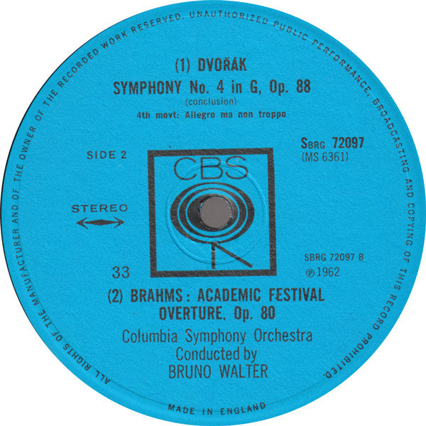 Antonín Dvořák / Johannes Brahms - Bruno Walter, Columbia Symphony Orchestra : Symphony No. 4 / Academic Festival Overture (LP)