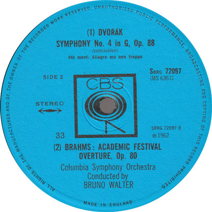 Antonín Dvořák / Johannes Brahms - Bruno Walter, Columbia Symphony Orchestra : Symphony No. 4 / Academic Festival Overture (LP)