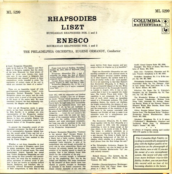 Franz Liszt / George Enescu - The Philadelphia Orchestra, Eugene Ormandy : Rhapsodies (LP, Mono)