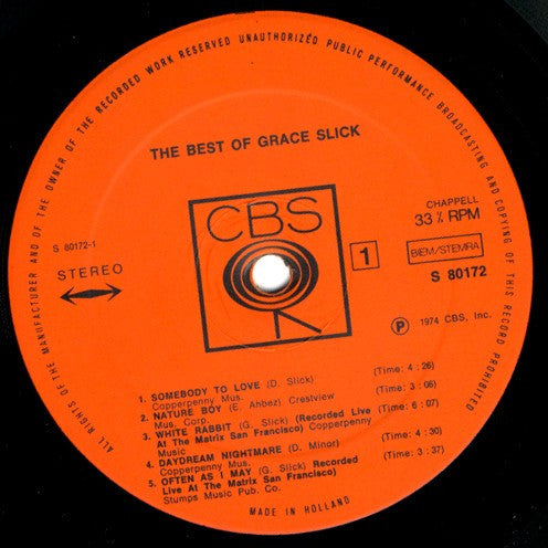 Grace Slick : The Best Of Grace Slick (LP, Album, Comp)