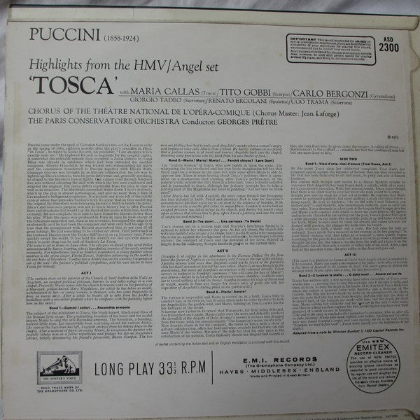 Maria Callas / Carlo Bergonzi / Tito Gobbi / Orchestra Del Teatro Alla Scala And Coro Del Teatro Alla Scala Conducted By Georges Prêtre : Highlights From "Tosca" (LP, RE)