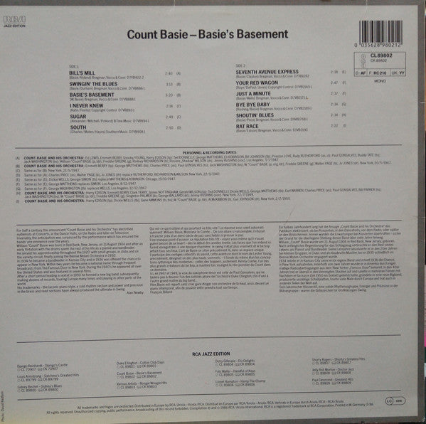 Count Basie : Basie's Basement (LP, Album, Mono)